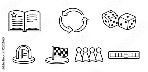 Icon set: book, arrows, dice, playground, flag, figures, slider