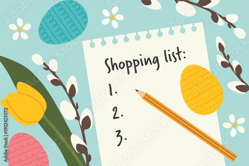 paper sheet with Easter shopping list, holiday preparation and planning concept, spring celebration and seasonal grocery notes -vector illustration