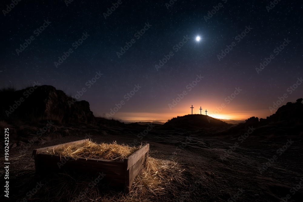 Fototapeta premium Manger with straw and three crosses silhouetted on a dark hill under a bright starry night sky, concept for Christmas, Easter and faith devotion