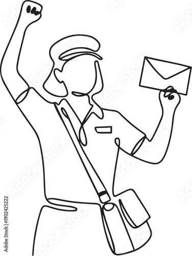 Single continuous line drawing postwoman with celebrate gesture, wearing uniform and sling bag holds envelope to delivered to home address. one line Icon drawing