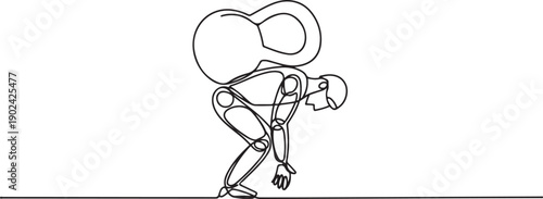 Single continuous line drawing tired robot carrying heavy kettlebell on his back. Financial crisis and credit payment. Technology artificial intelligence. one line Icon drawing