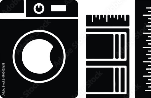 silhouette washing machine detergent and ruler laundry icon vector design
