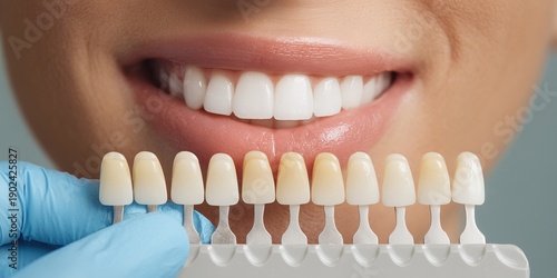 Close-up of a smiling woman comparing bright white teeth shades using a dental vita scale held by a professional hand, concept for cosmetic dentistry, dental clinic branding and whitening advertising