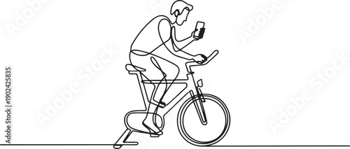 Continuous one line drawing man riding stationary bicycle and smartphone. Stationary bike. Static bike sports men in the gym, sports and health, fitness. one line Icon drawing