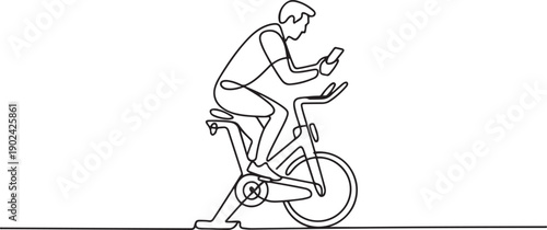 Continuous one line drawing man riding stationary bicycle and smartphone. Stationary bike. Static bike sports men in the gym, sports and health, fitness. one line Icon drawing