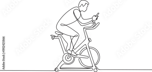 Continuous one line drawing man riding stationary bicycle and smartphone. Stationary bike. Static bike sports men in the gym, sports and health, fitness. one line Icon drawing