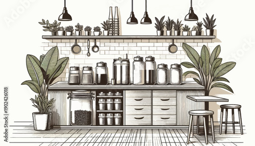 Kitchen Counter with Utensils and Plants.