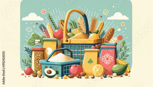 Tableau sur toile Grocery Basket Filled with Fresh Produce and Staples.