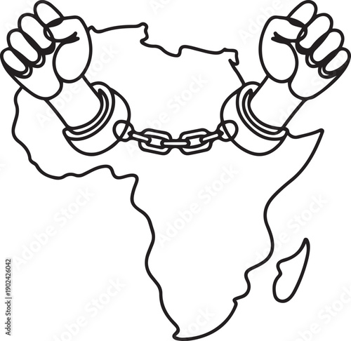 Single one line drawing African continent with two clenched fists and handcuffs broken in middle of continent. Freedom from slavery. African Liberation Day. one line Icon drawing