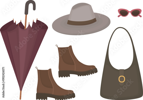Set of stylish accessories with sunglasses, hat, ankle boots, umbrella and bag. Stylish seasonal outfit elements