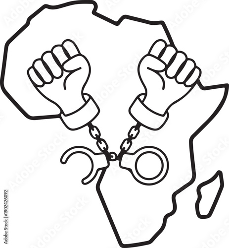 Single one line drawing African continent with two clenched fists and handcuffs broken in middle of continent. Freedom from slavery. African Liberation Day. one line Icon drawing