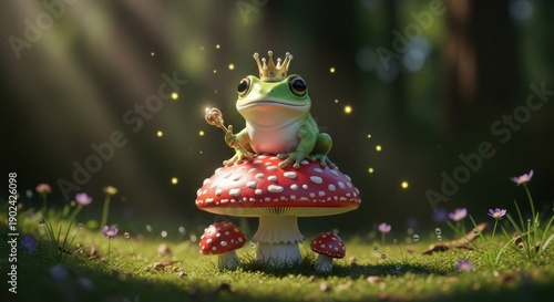 Whimsical Frog King with Golden Crown and Scepter Sitting on a Red Mushroom
