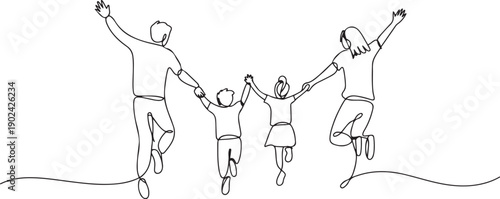 Single continuous line drawing back view, happy family jumps while lifting and holding hands. Exercise with the beloved family. Health. International Family Day. one line Icon drawing