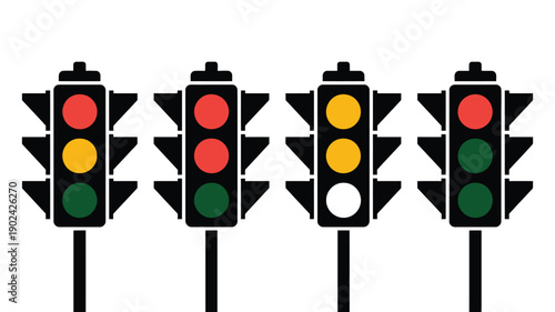 A graphic illustration displays four traffic lights in varying signal states red yellow and green high-quality professional detailed modern elegant