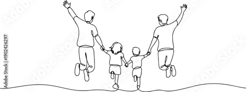 Single continuous line drawing back view, happy family jumps while lifting and holding hands. Exercise with the beloved family. Health. International Family Day. one line Icon drawing