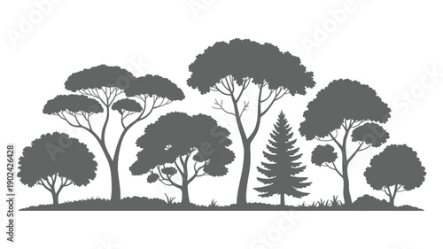 A minimalistic black silhouette depicts a dense forest landscape with varied tree shapes and heights high-quality professional detailed modern elegant