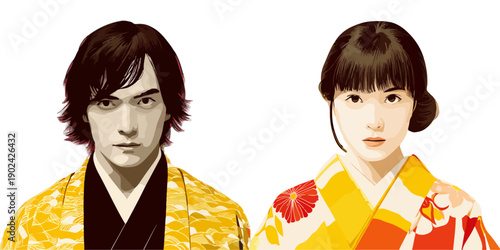 Para ilustracji, para w tradycyjnych strojach japońskich, mężczyzna i kobieta, z przezroczystym tłem.