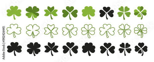 Clover icon set. Clover with four leaf. St Patrick's day symbols. Green lucky clover sign. Flat minimal design.