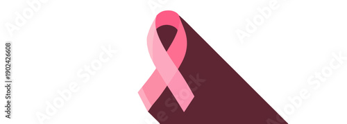 Różowa wstążka jako symbol walki z rakiem piersi, z długim cieniem, na białym tle