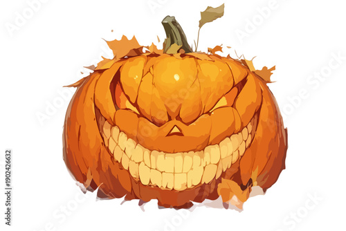 Złowroga dynia na Halloween z wyciętym przerażającym uśmiechem i liśćmi na białym tle