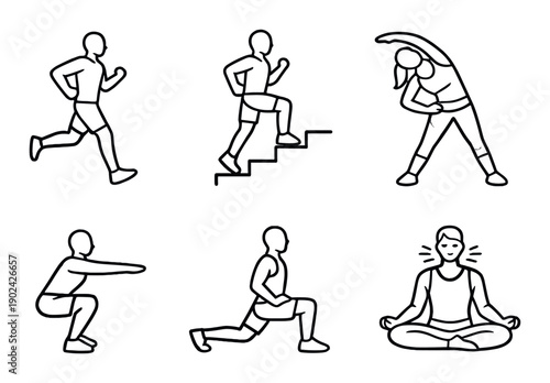 Silhouette exercises: jogging, stair climbing, yoga, stretching, squats