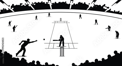 Cricket players in action on a crowded stadium field