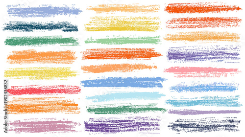 Kolekcja kolorowych pociągnięć pędzlem i smug, tekstury kredy na przezroczystym tle, idealne do projektów graficznych.