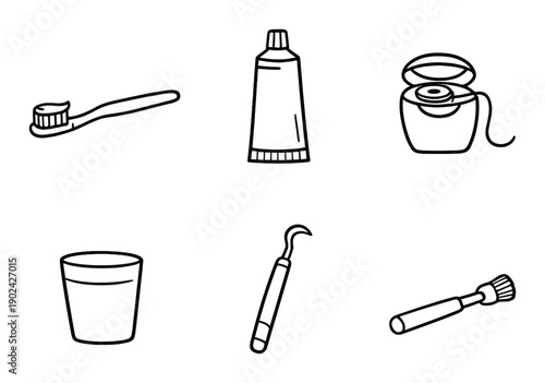 Monochrome dental hygiene icons: toothbrush, toothpaste, floss, cup, dental tool, brush