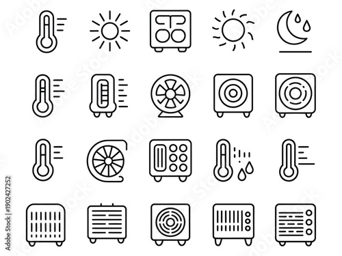 Various heating and cooling system icons for temperature control and climate management