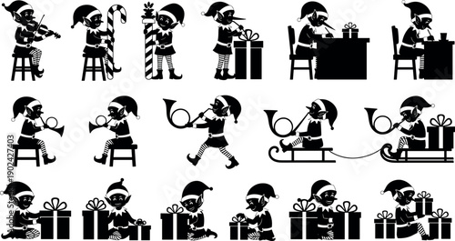 Christmas elf silhouette vector set of Santa helpers working wrapping gifts playing music and sitting collection for holiday design