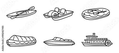 Various watercraft drawings: canoe, sailboat, dinghy, inflatable, speedboat, paddle steamer