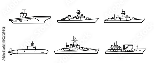 Minimalist naval fleet silhouettes featuring submarine and warships