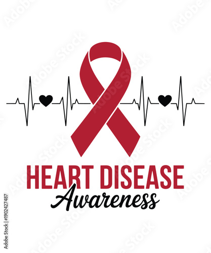 Heart Disease Awareness Ribbon Heartbeat Illustration T-shirt Design