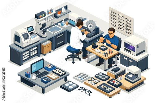 Optician workshop with technicians making and fitting eyeglasses with modern equipment