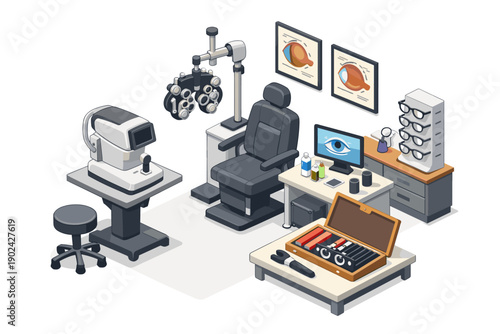Modern eye examination room with advanced optical equipment and diagnostic tools