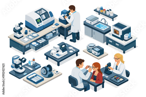 Optometry clinic and laboratory with advanced diagnostic equipment and patient care stations
