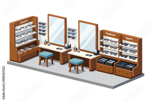 Isometric illustration of an optician's shop displaying various eyewear styles