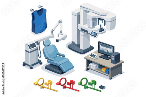Modern dental clinic equipment isometric illustration with x-ray machine and chair