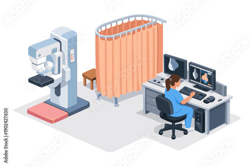 Radiologist analyzing mammogram images on computer screen in clinic examination room