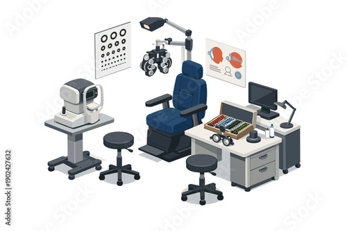 Modern optometry examination room with specialized equipment for eye care