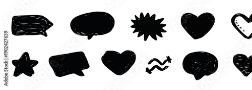 Zestaw ręcznie rysowanych ikon: dymki, serca, gwiazdka i fala na przezroczystym tle