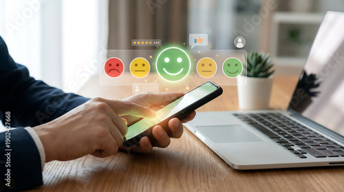 Person using smartphone to rate customer satisfaction with happy faces, next to business analytics on laptop