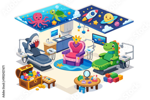 Whimsical children's dental clinic with fun animal-themed chairs and playful decor