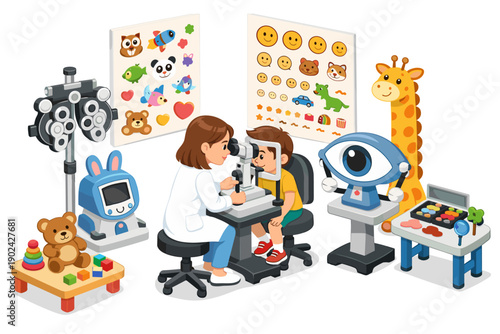 Pediatric eye exam with child patient and optometrist using specialized equipment