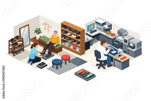 Podiatrist examining patient's foot and technician creating custom orthotics in a clinic