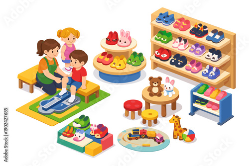 Children's shoe store with fitting and playful displays of footwear and toys