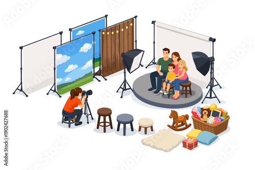 Family posing for a professional photo session in a studio with various backdrops and props
