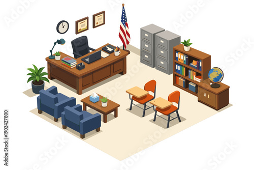 Isometric school principal's office with American flag and student desks