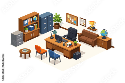 Isometric modern executive office interior with desk, chairs, bookshelves and lounge area
