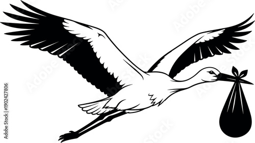 Classic black and white vector illustration of a flying stork bird carrying a newborn baby bundle for delivery announcement design.